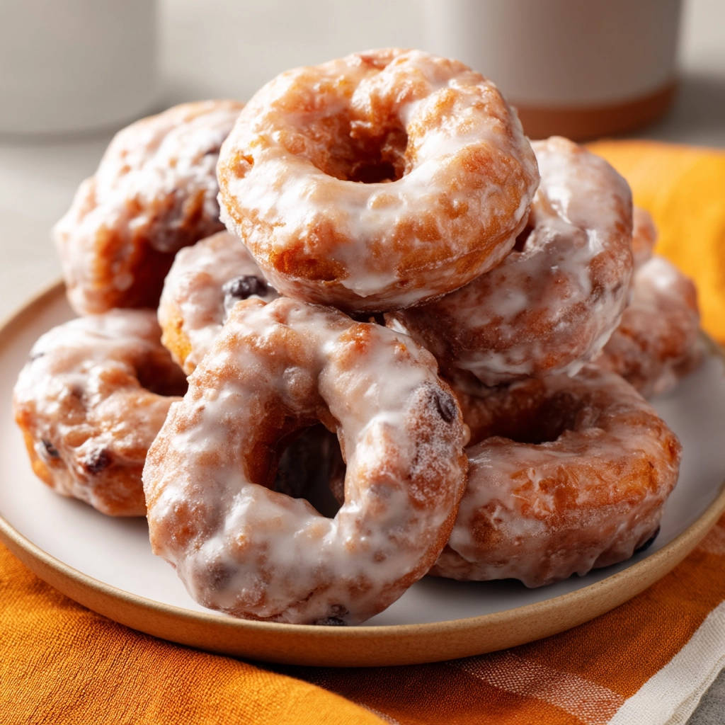 Glazed old-fashioned donuts stack detail showing the sweet glaze and cakey texture on a white plate.