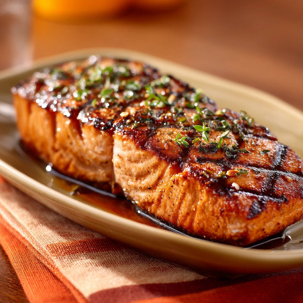 Glazed pan-seared salmon with a close-up view of the glistening glaze and fresh herb garnish.