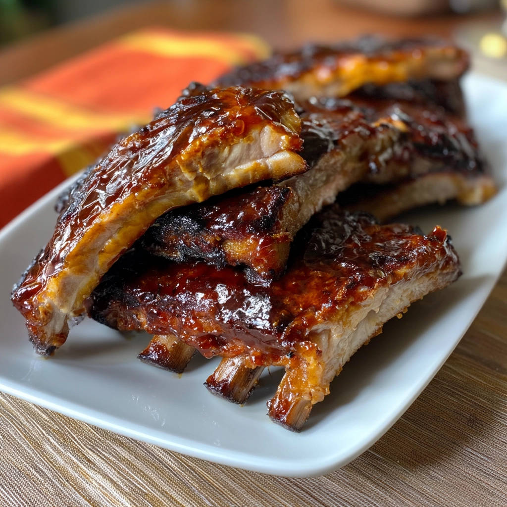 Amazing glazed ribs shown in a close-up view, highlighting the glistening sauce and tender meat texture.