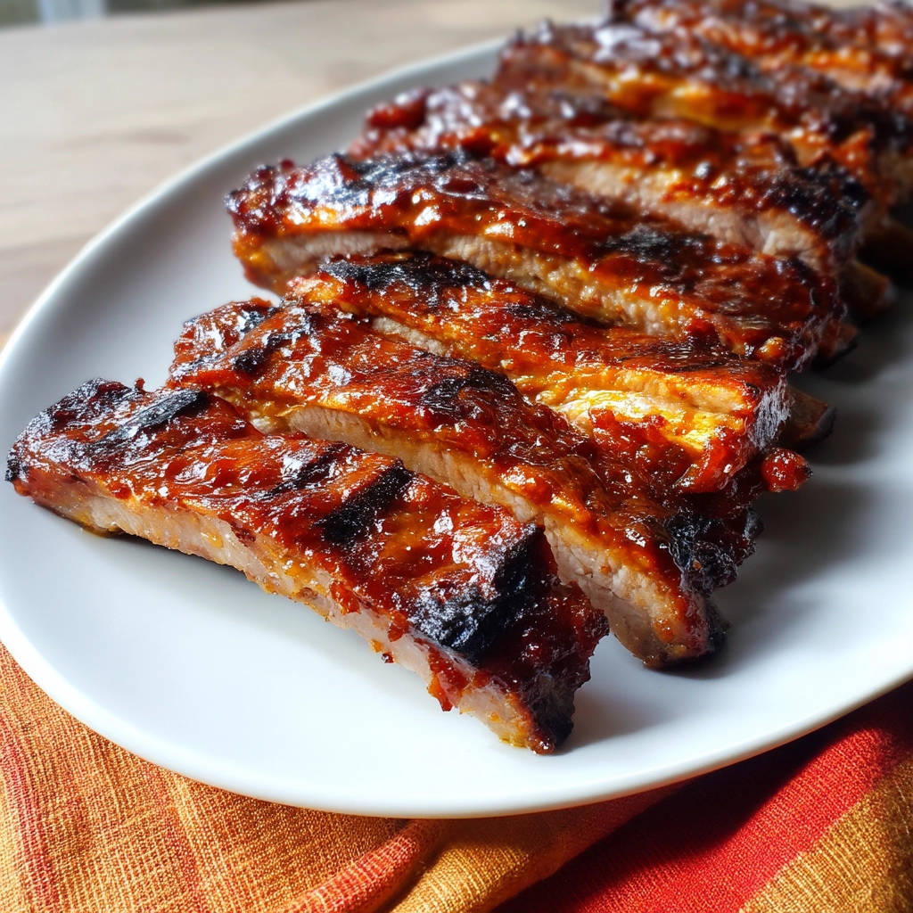 Amazing glazed ribs sliced and arranged on a white platter, showcasing their glistening texture.