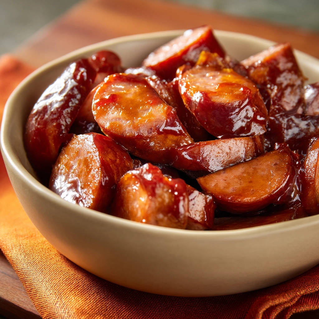 Glazed smoked sausage bites are shown in a close-up view within a light-colored bowl, glistening with sauce.