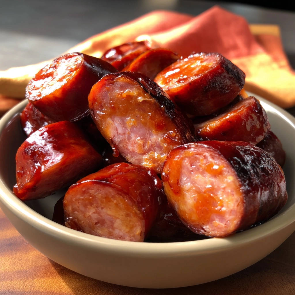 Glazed smoked sausage bites cross-section showing juicy interior and caramelized glaze in a bowl.