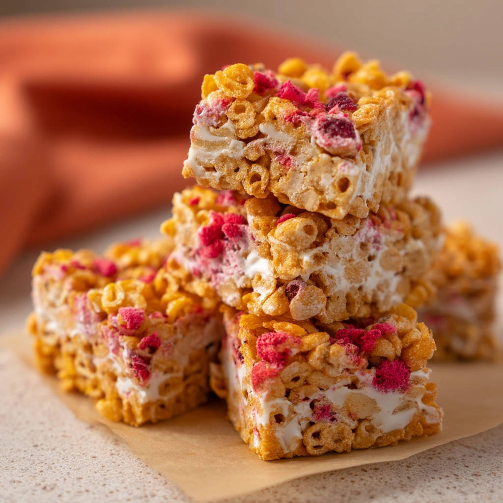 Golden cereal bars stacked and showing a cross-section with visible marshmallows and raspberries.