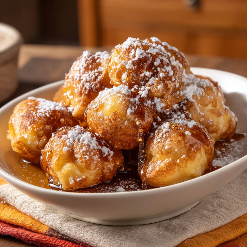 Golden fried dough bites dusted with powdered sugar and drizzled with syrup in a white bowl.