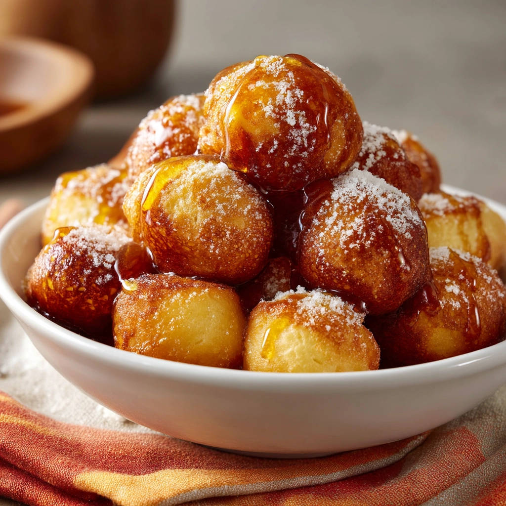 Golden fried dough bites drizzled with syrup and a dusting of sugar, showing a syrupy topping.