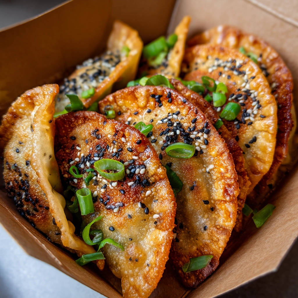 Golden fried dumplings with a close-up view of the sesame seed and scallion garnish in a brown paper container.