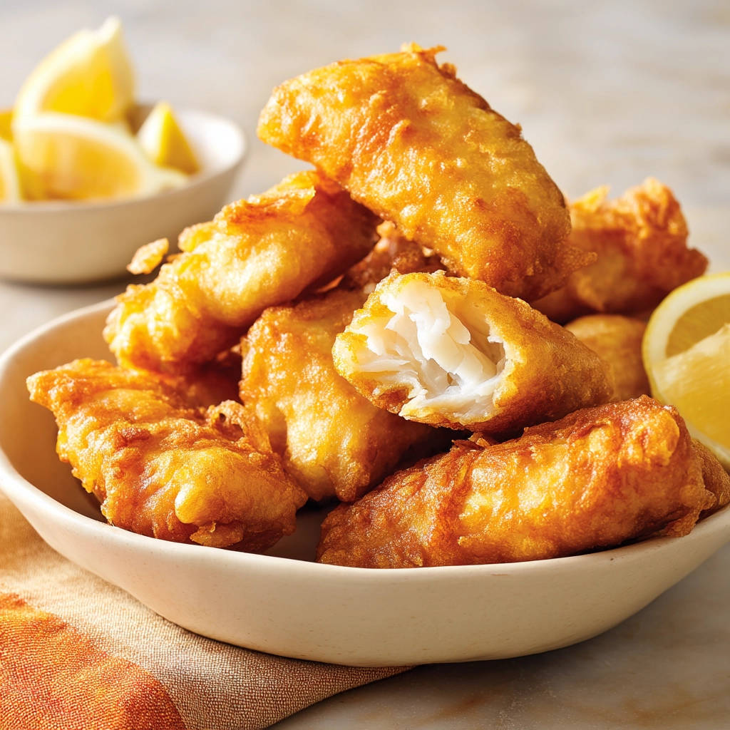 Golden fried fish, featuring a close-up cross-section showing flaky white fish within a golden batter.