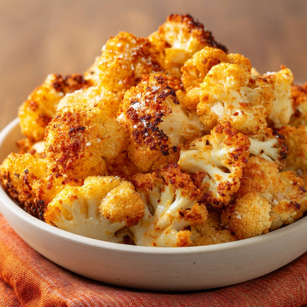 Golden roasted cauliflower, generously sprinkled with sea salt, served in a white bowl on an orange cloth.