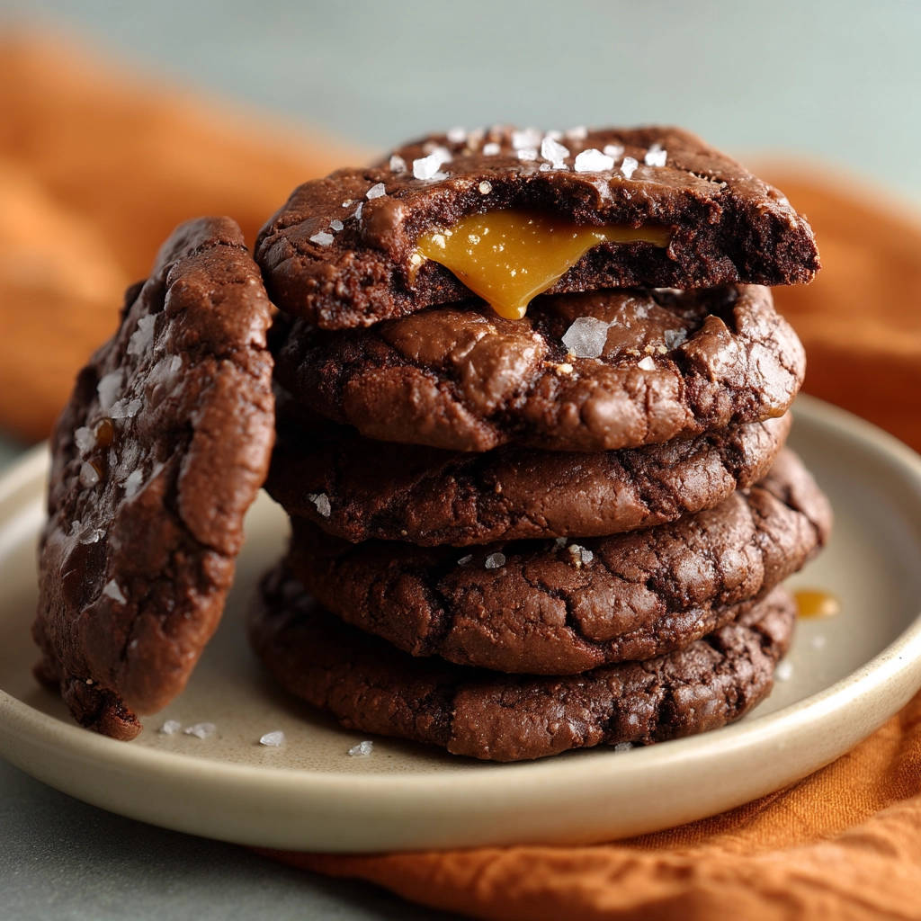 Gooey caramel stuffed chocolate cookies shown in a close-up cross-section revealing the molten caramel center.