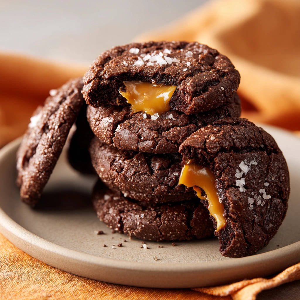 Gooey Caramel Stuffed Chocolate Cookies shown in a close-up cross-section revealing the molten caramel filling.