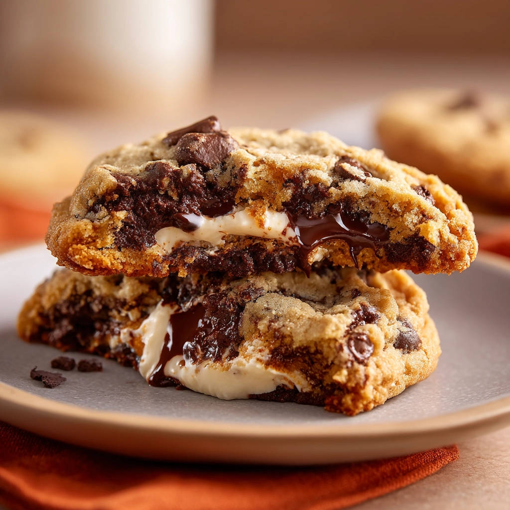 Gooey chocolate chunk cookies with a melty middle secret, shown in a close-up cross-section revealing the soft interior and melted chocolate.