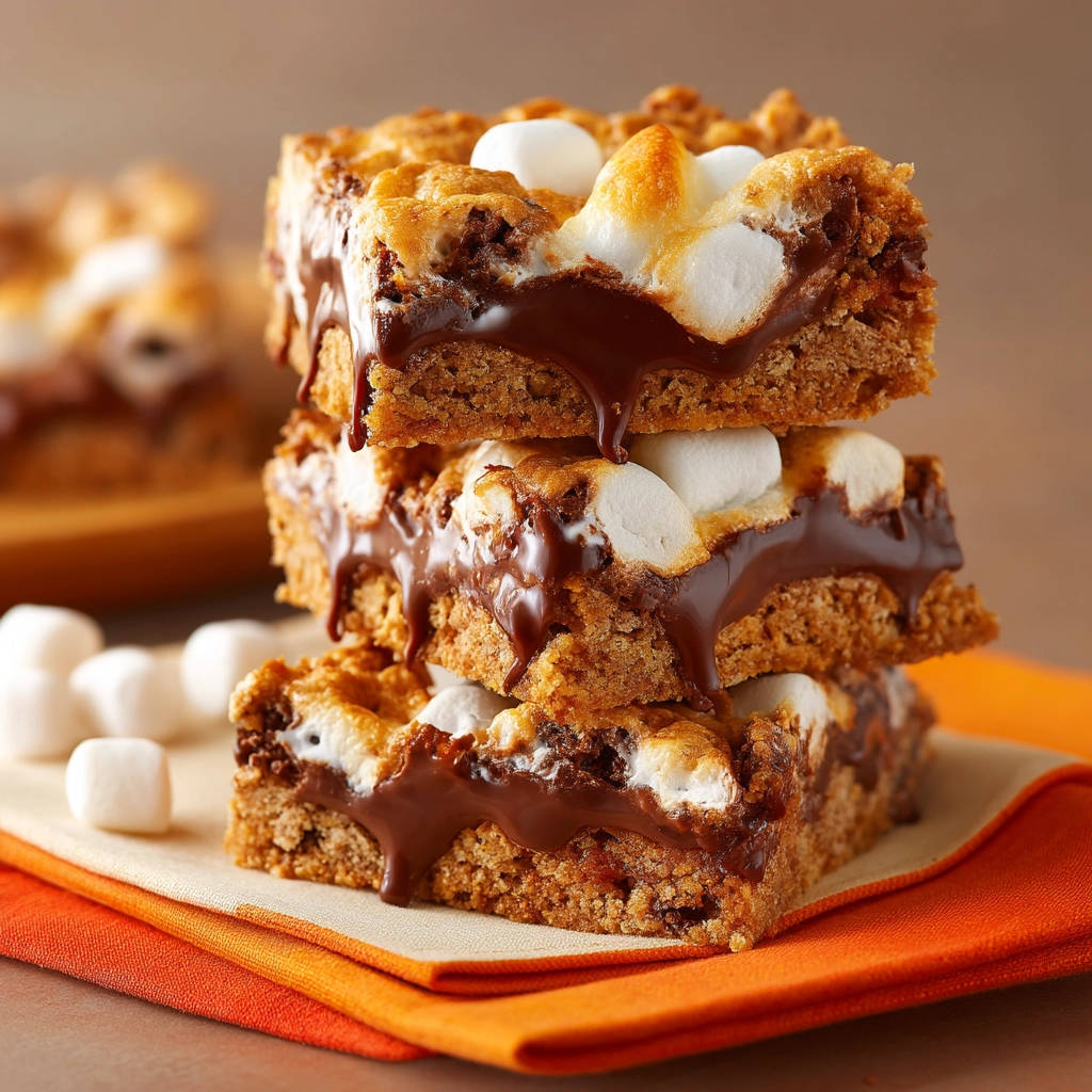 Gooey s'mores bars stacked high, showcasing melted chocolate and toasted marshmallows in a close-up view.