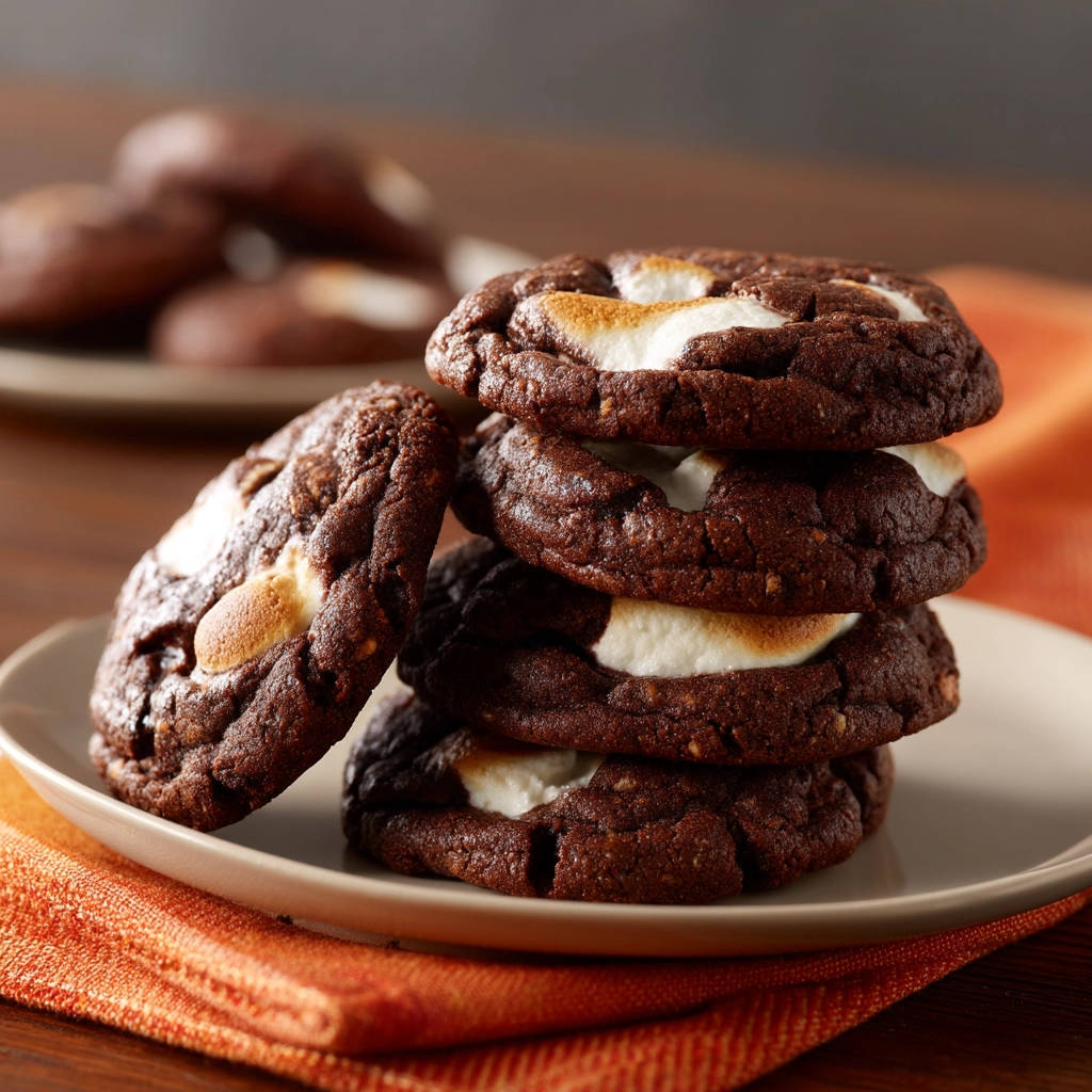 Gooey s'mores cookies stacked with melty marshmallows, with a close-up view of the toasted edges and rich chocolate cookie texture.