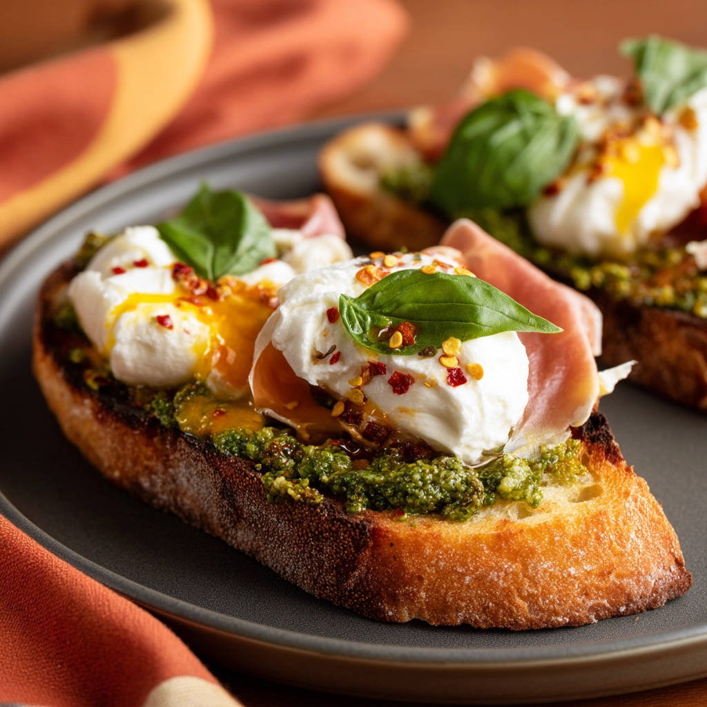 Gourmet breakfast toast topped with burrata, pesto, and prosciutto, presented on a dark plate.