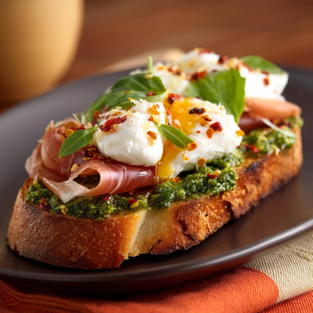 Gourmet breakfast toast with poached eggs, prosciutto and pesto, drizzled with honey and topped with chili flakes.