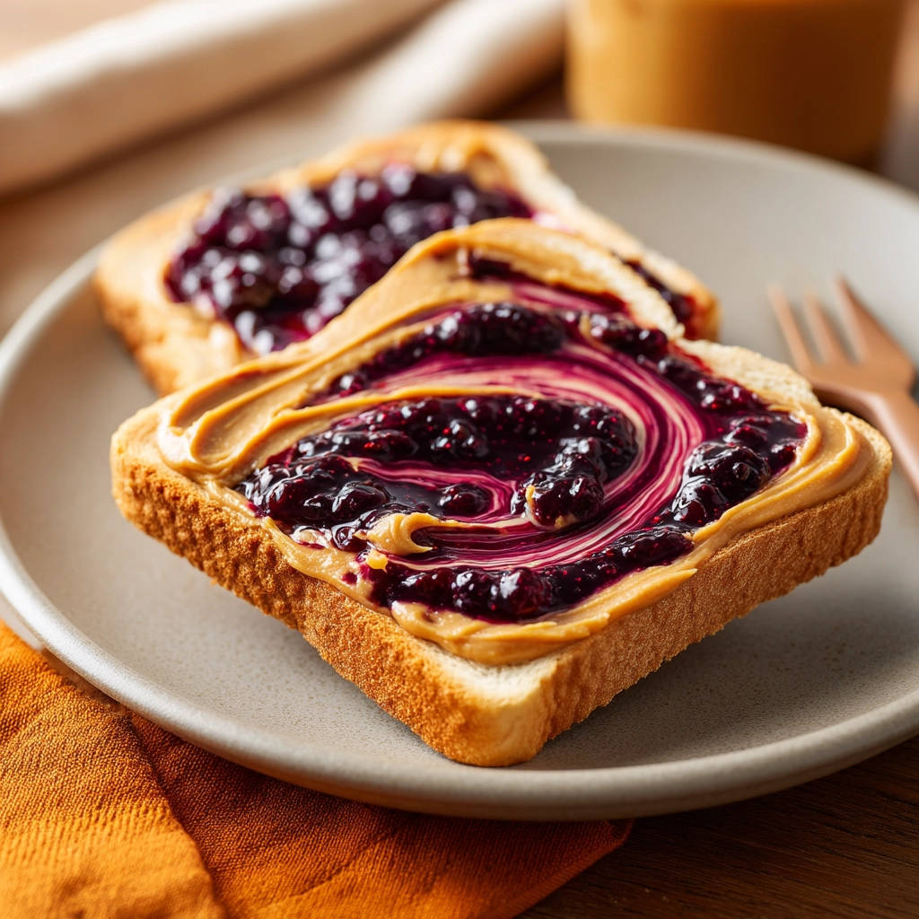 Gourmet PB&amp;J with swirled jam and peanut butter, shown in a close-up view on a plate.