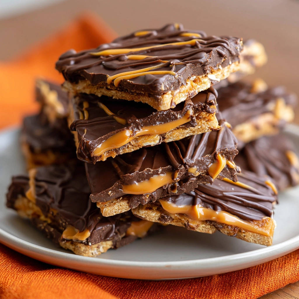 Graham cracker toffee with a rich caramel layer and chocolate drizzle, shown in a close-up cross-section.