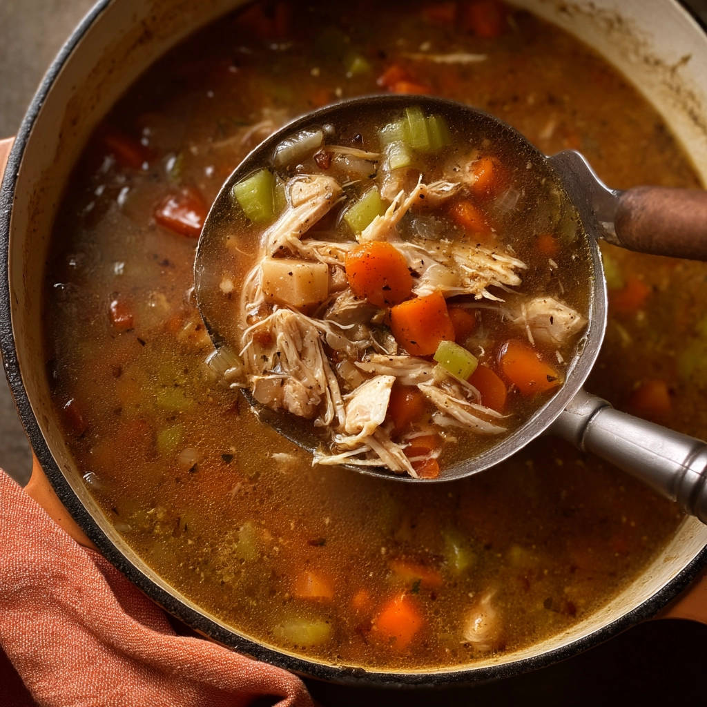 Grandma's Comfort Chicken Soup is shown being served from a pot with a ladleful highlighting the shredded chicken and vegetables.