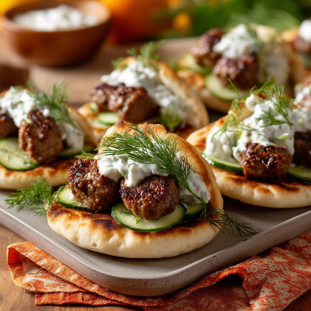Easy Greek meatball flatbreads with cucumber and dill yogurt sauce, presented as a close-up serving.