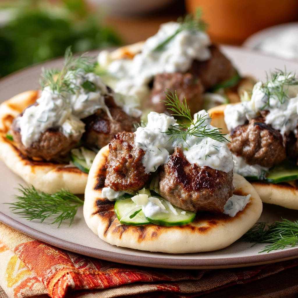 Easy Greek Meatball Flatbreads plated serving with cucumber and tzatziki sauce, garnished with fresh dill.