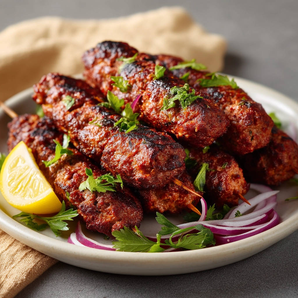 Grilled beef kofta skewers prominently displayed on a plate with fresh parsley and lemon for garnish.