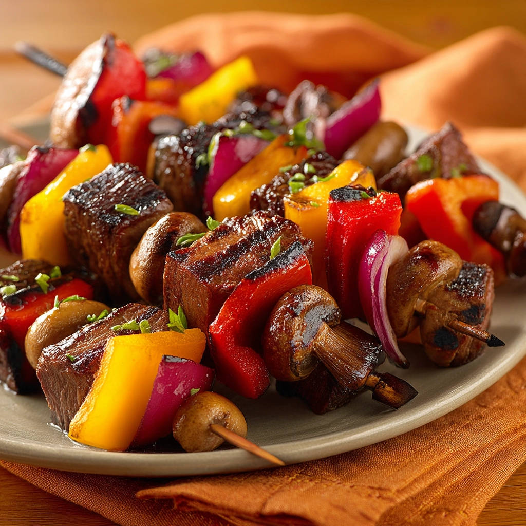 Grilled beef skewers with colorful vegetables and mushrooms, presented close-up on a plate.
