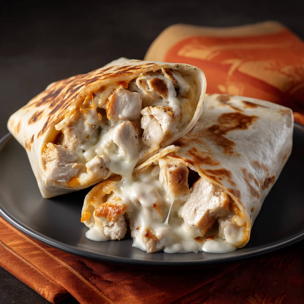 Grilled chicken burrito shown in a close-up cross-section with melted cheese stretching from the filling.