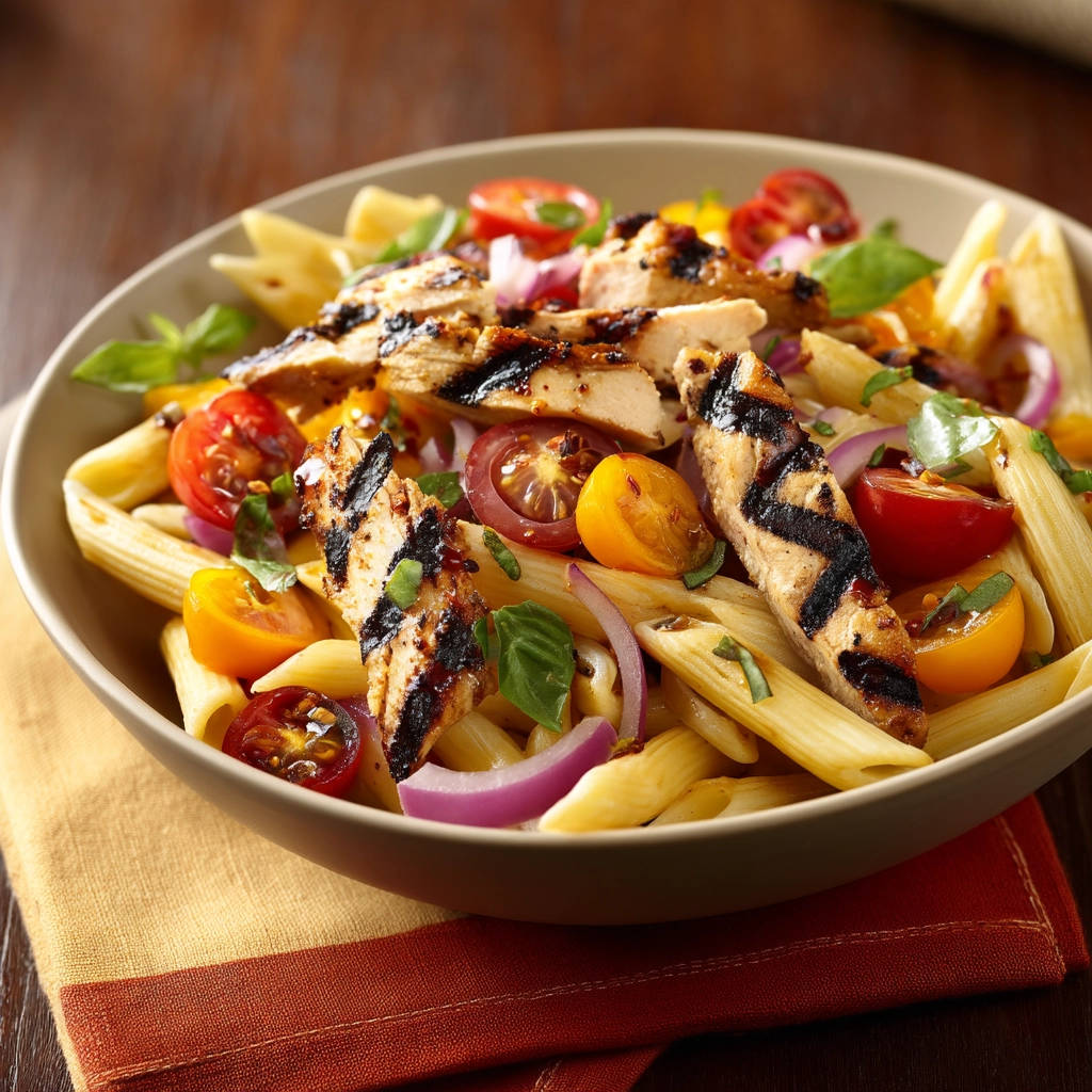 Grilled chicken pasta salad with cherry tomatoes and red onion in a bowl, showcasing the grilled chicken and fresh ingredients.