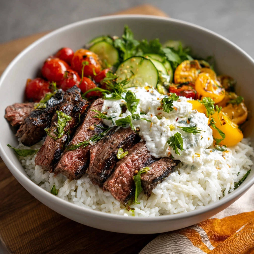 Grilled chicken rice bowl featuring sliced steak, fluffy white rice, and a fresh topping of tomatoes and cucumber.
