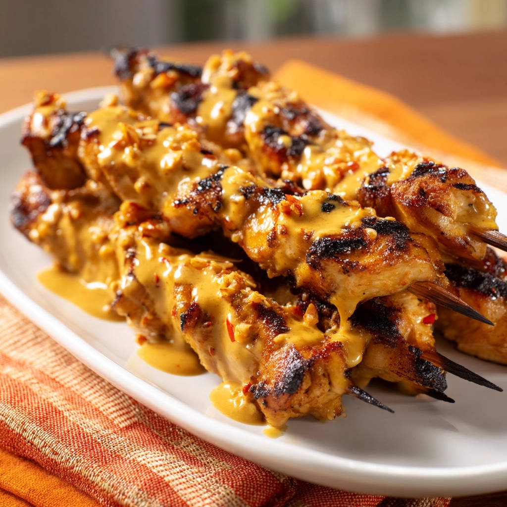 Grilled chicken satay skewers generously drizzled with creamy peanut sauce and chopped nuts.