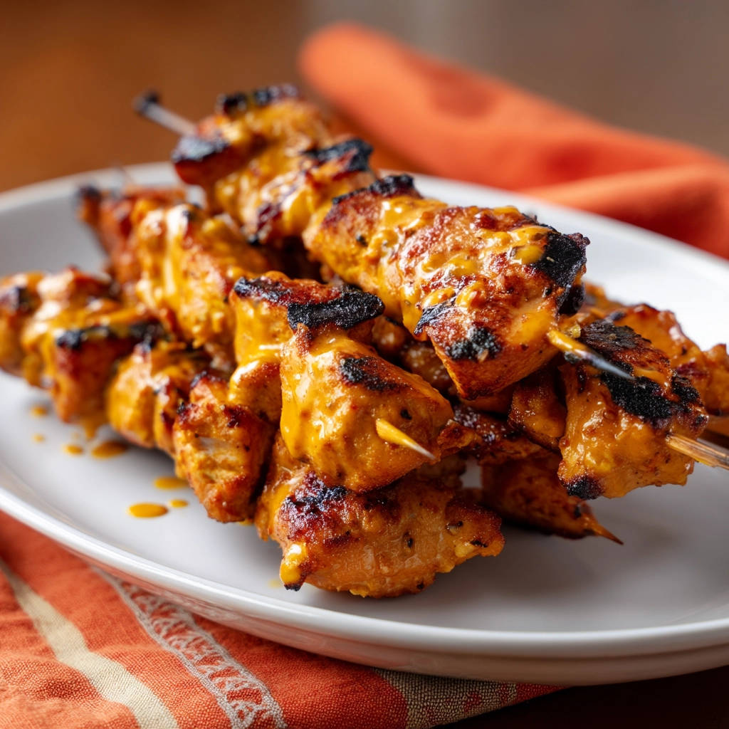 Grilled chicken satay skewers are shown with a close-up view of the creamy peanut sauce drizzled over the grilled meat.