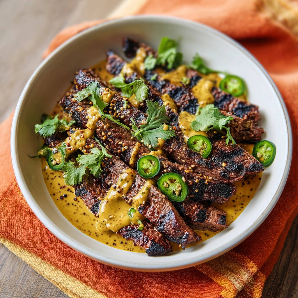 Grilled flank steak with peanut sauce, sliced and served in a bowl with jalapeños and cilantro garnish.