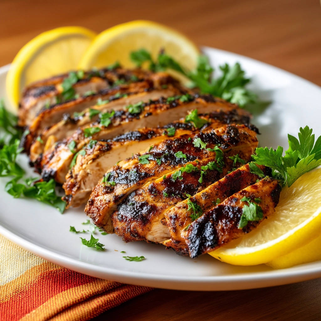 Grilled lemon herb chicken sliced and garnished with parsley and lemon wedges on a white plate.