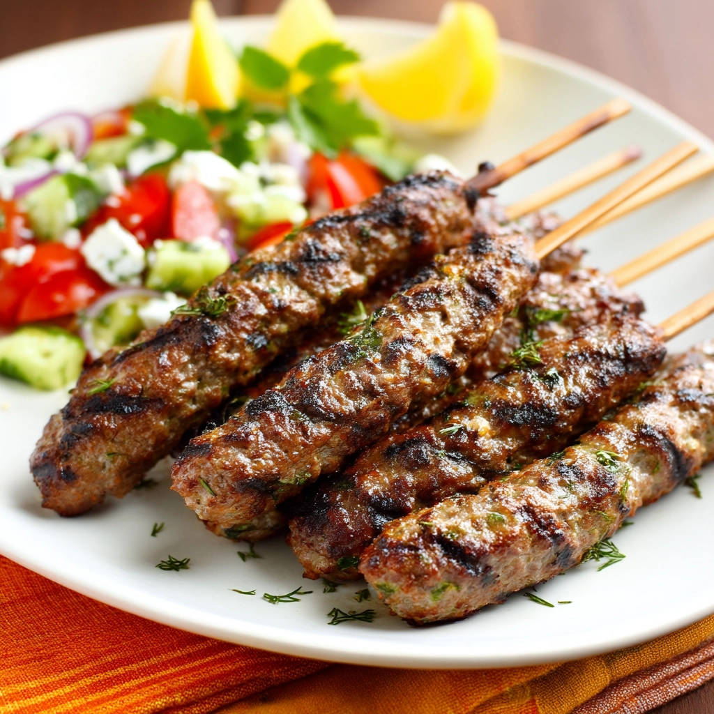 Juicy ground meat skewers grilled to perfection, served with a fresh Greek-style salad and lemon wedges.