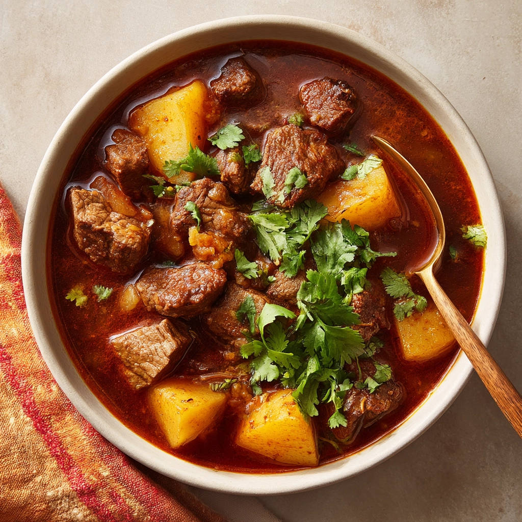 Hearty beef stew in a bowl, generously garnished with fresh cilantro, showcasing chunks of tender beef and potatoes.