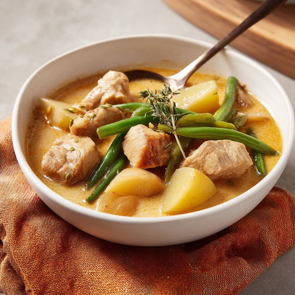 Hearty beef & vegetable stew shown in a close-up view of a white bowl filled with tender meat, potatoes, and green beans in a creamy broth.