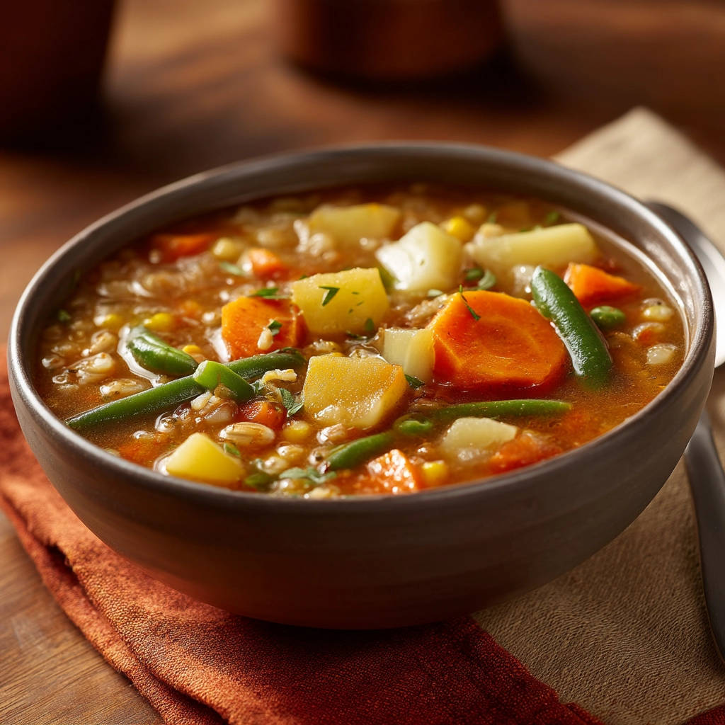 Hearty vegetable barley soup in a rustic bowl, featuring a close-up view of carrots, potatoes, and green beans.