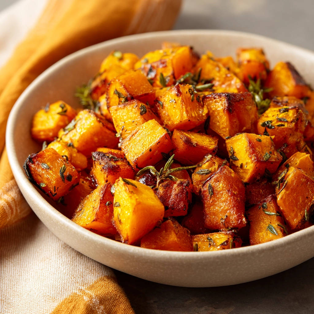 Herb roasted butternut squash in a bowl, showing a close-up view of the tender, golden cubes speckled with fresh herbs.