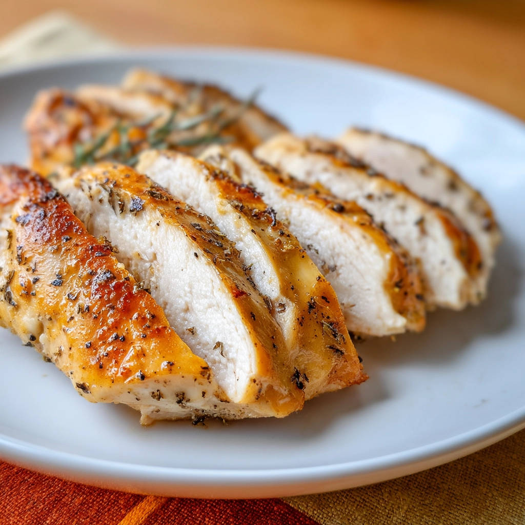 Herb roasted chicken breast, sliced to reveal a juicy and tender cross-section with visible herbs and seasoning.