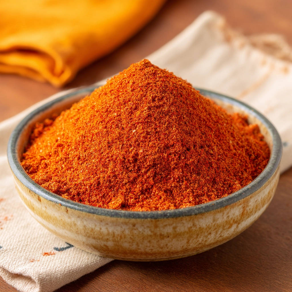 Homemade chili powder piled high in a rustic bowl, showcasing its vibrant red texture.