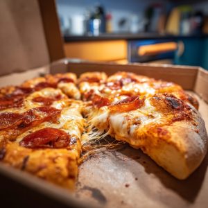 Homemade pepperoni pizza with a dramatic cheese pull, showcasing melted mozzarella and a golden crust.