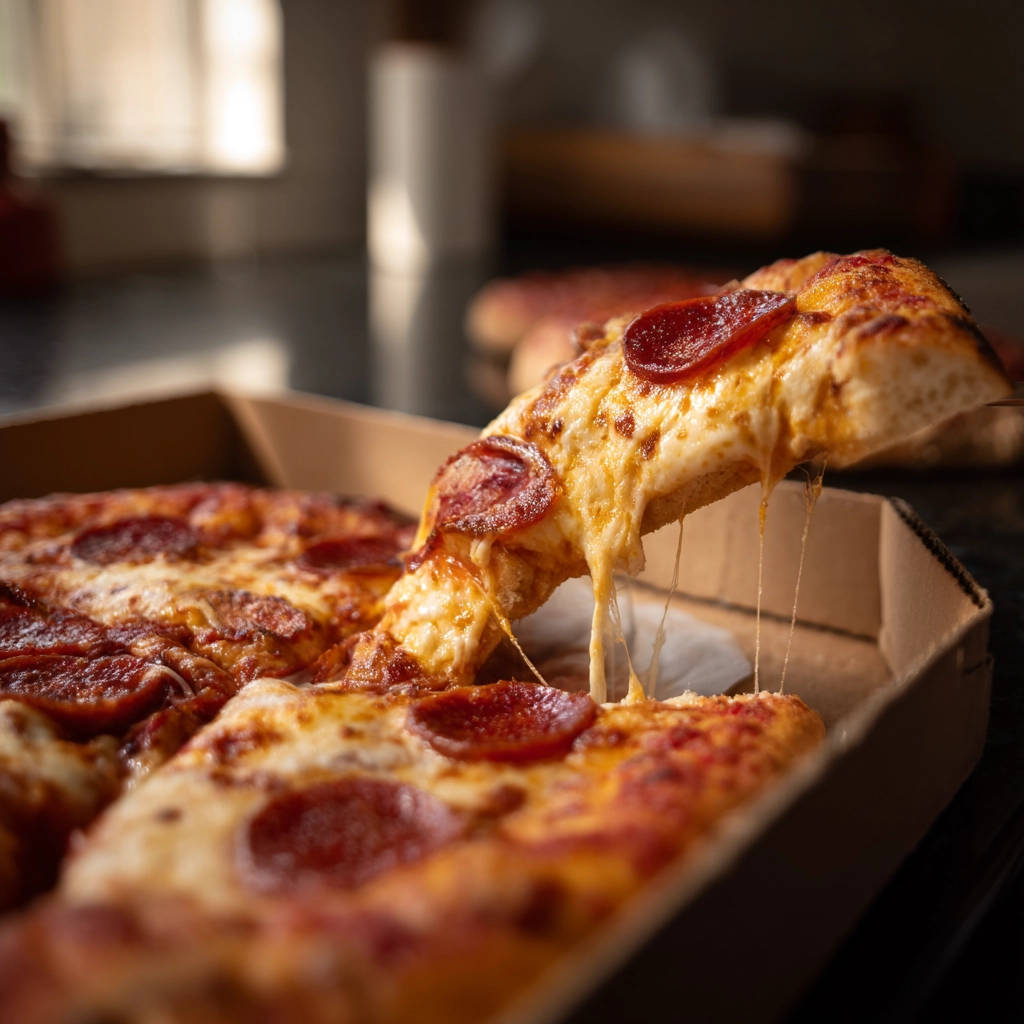 Homemade pepperoni pizza with a perfect cheese pull, showing melty cheese stretching from a slice.
