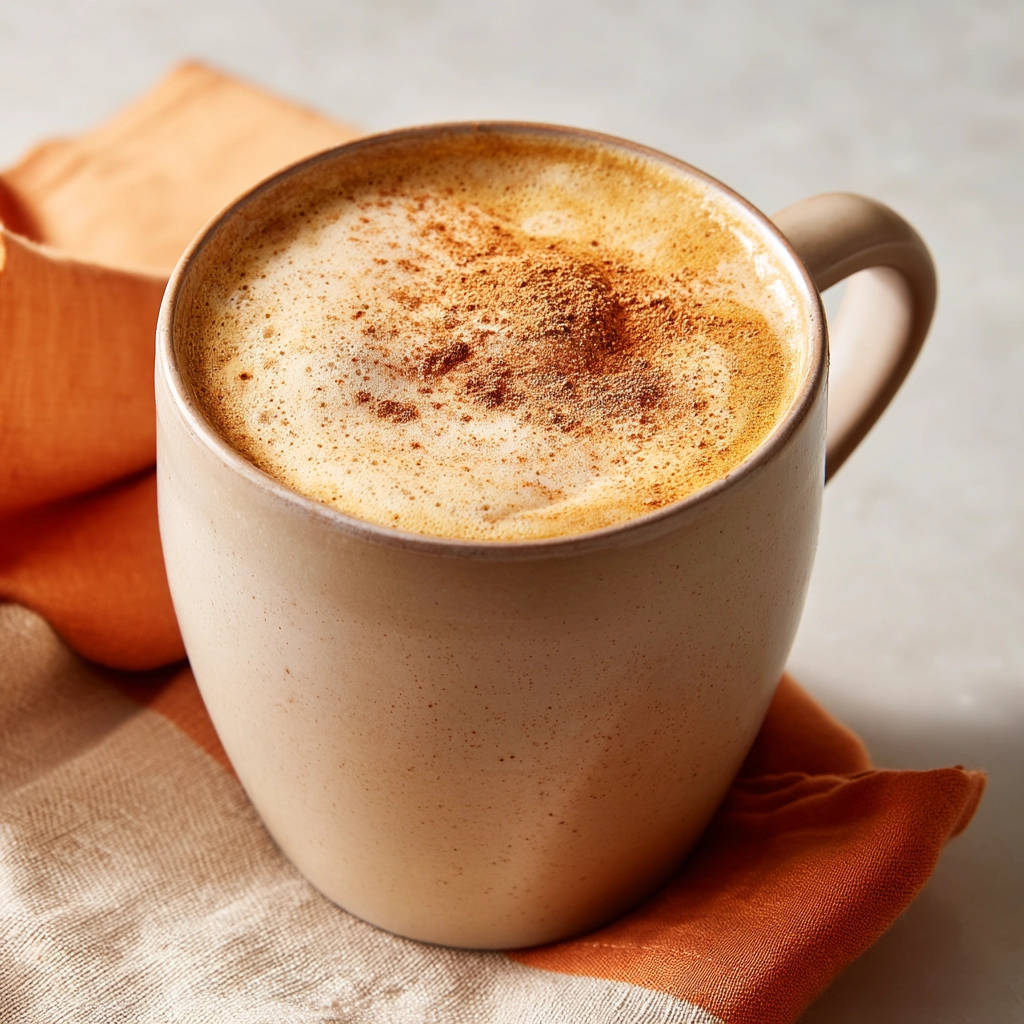 Homemade pumpkin spice latte with a close-up view of creamy cinnamon-dusted foam in a mug.