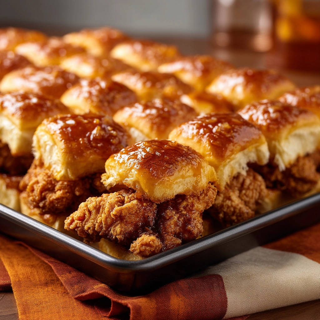 Honey chicken sliders arranged neatly on a black tray, showcasing their glazed buns and fried chicken filling.