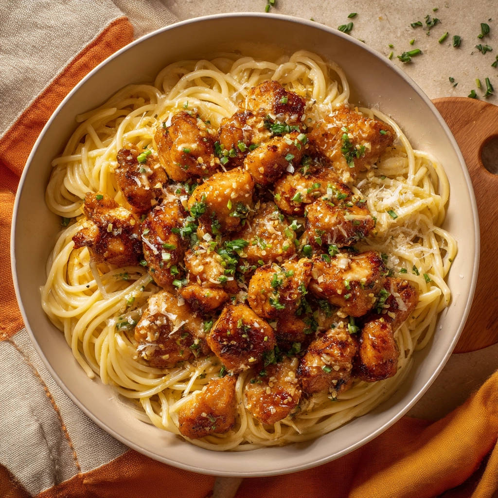Honey garlic chicken pasta served in a bowl with spaghetti and garnished with fresh herbs and grated cheese.