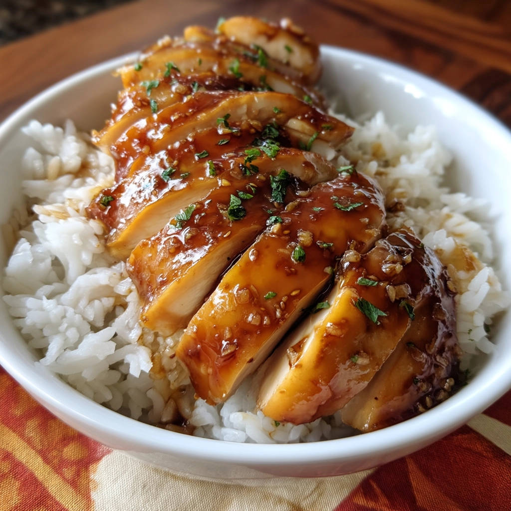 Honey garlic chicken sliced and served in a white bowl over white rice, garnished with fresh herbs.