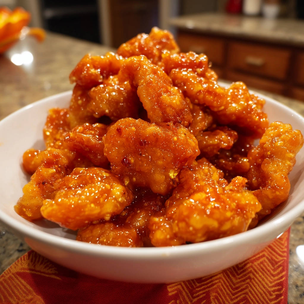 Crispy honey orange chicken in a white bowl, showcasing the glistening sauce and texture of the pieces.