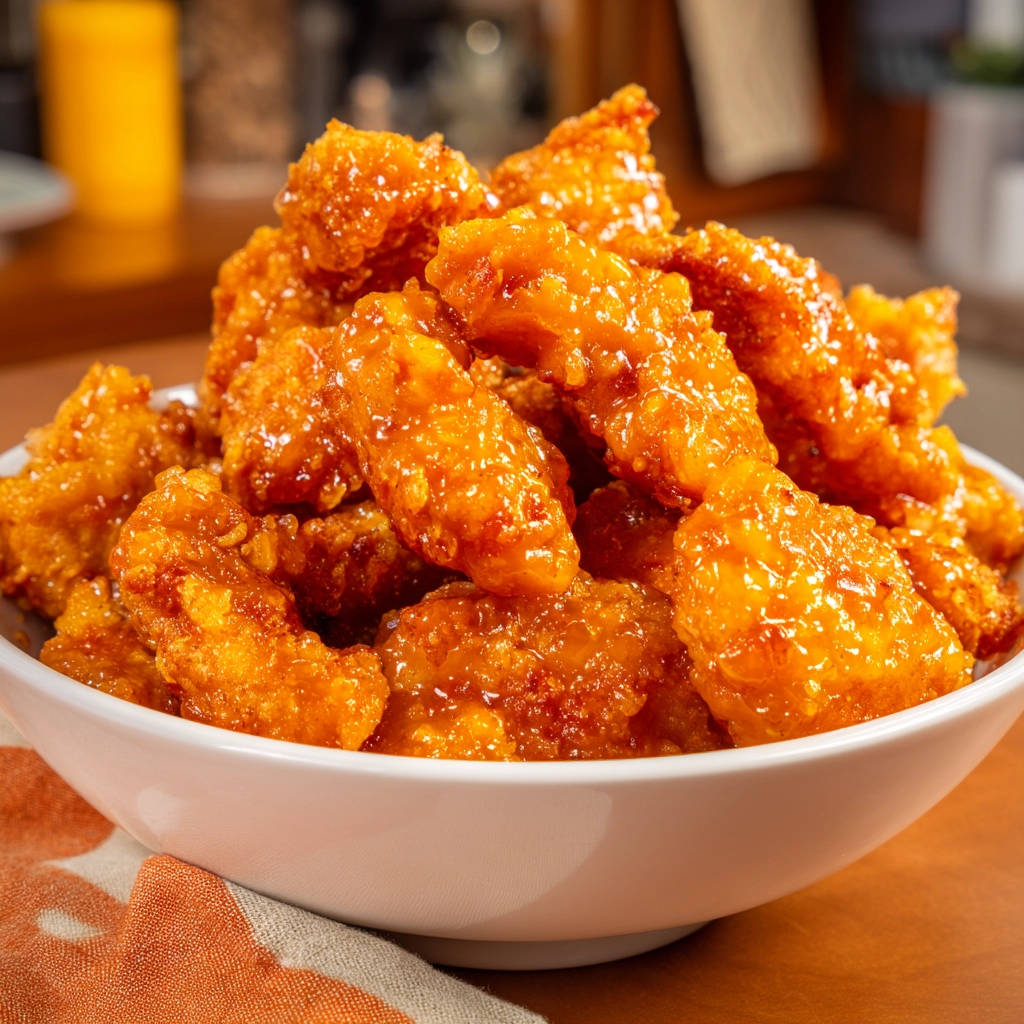Crispy Honey Orange Chicken shown in a white bowl, with a close-up view highlighting the glossy glaze and texture.