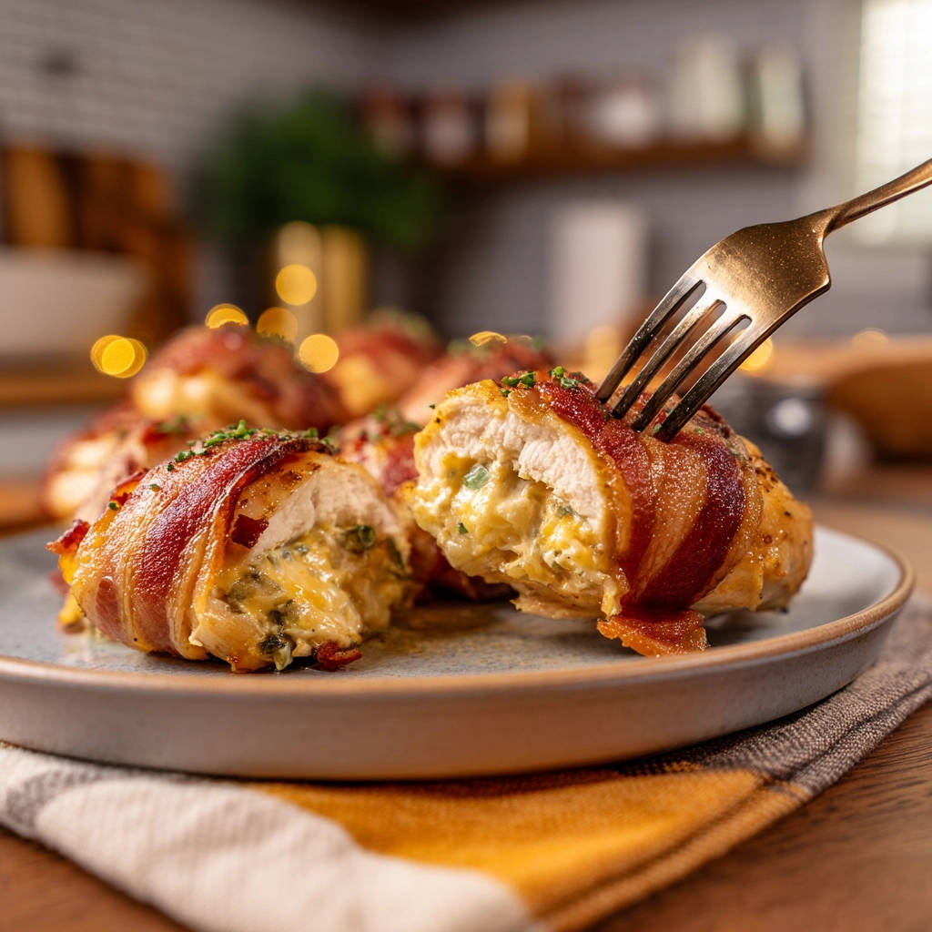 Jalapeno Popper Stuffed Chicken shown in a cross-section with a fork revealing the cheesy, creamy filling.