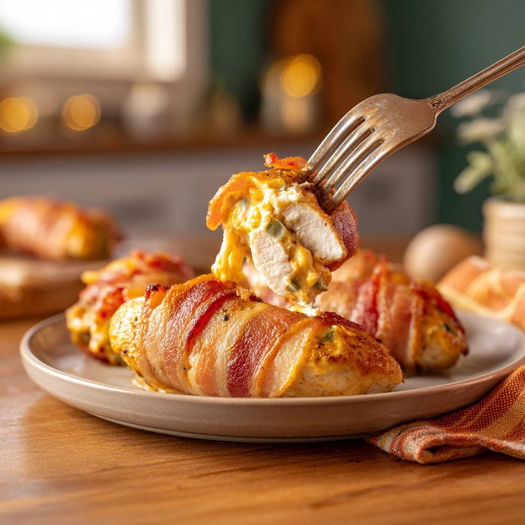 Jalapeno popper stuffed chicken shown in a close-up cross-section, revealing the cheesy filling with a fork.